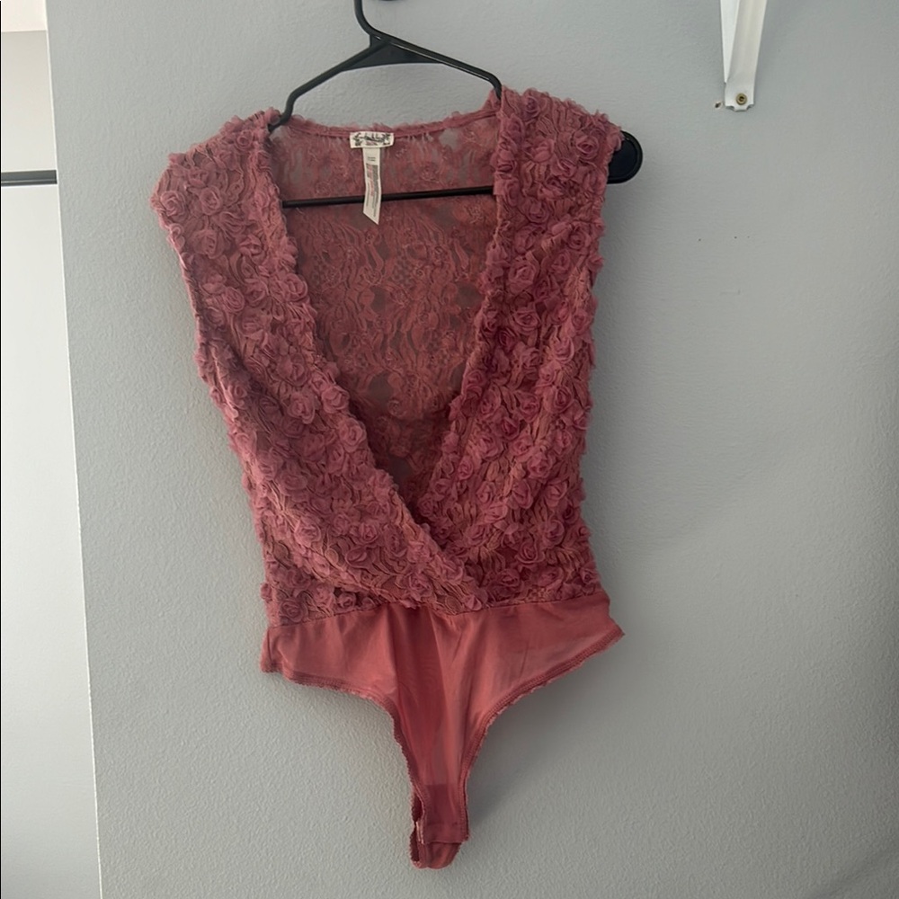Free people Pink Lace flower Bodysuit